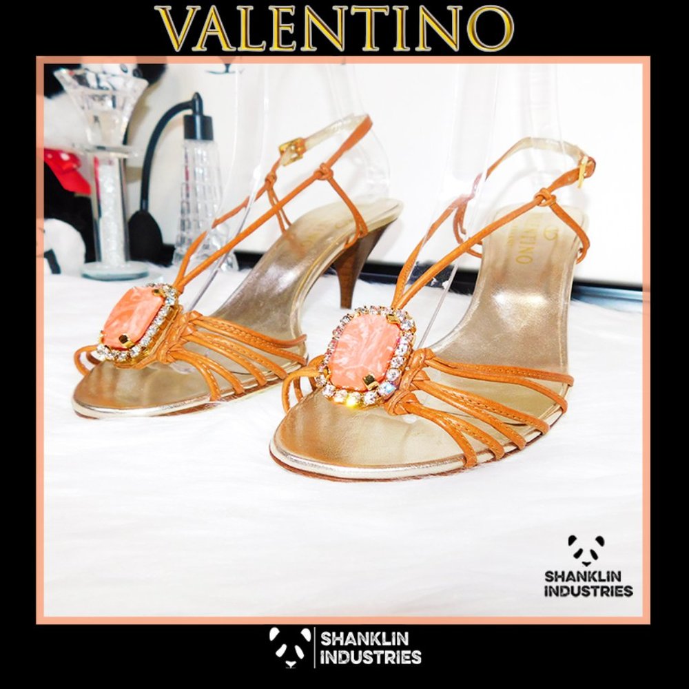 Valentino Garavani Orange Strappy Jeweled Heel Sandals